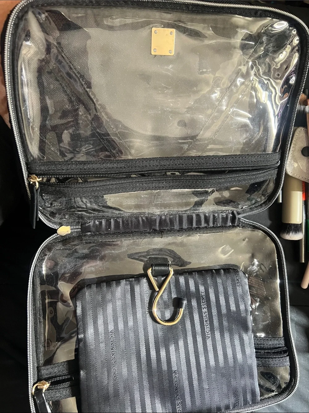 Victoria's Secret Black Lace Cosmetics Bag with Gold Logo Accent